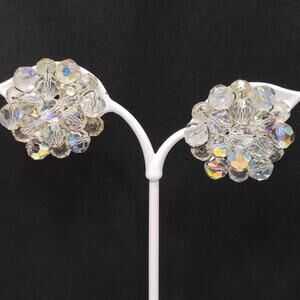 Clear Crystal Beaded Clip Earrings, Aurora Borealis Crystal Beads, 1950s